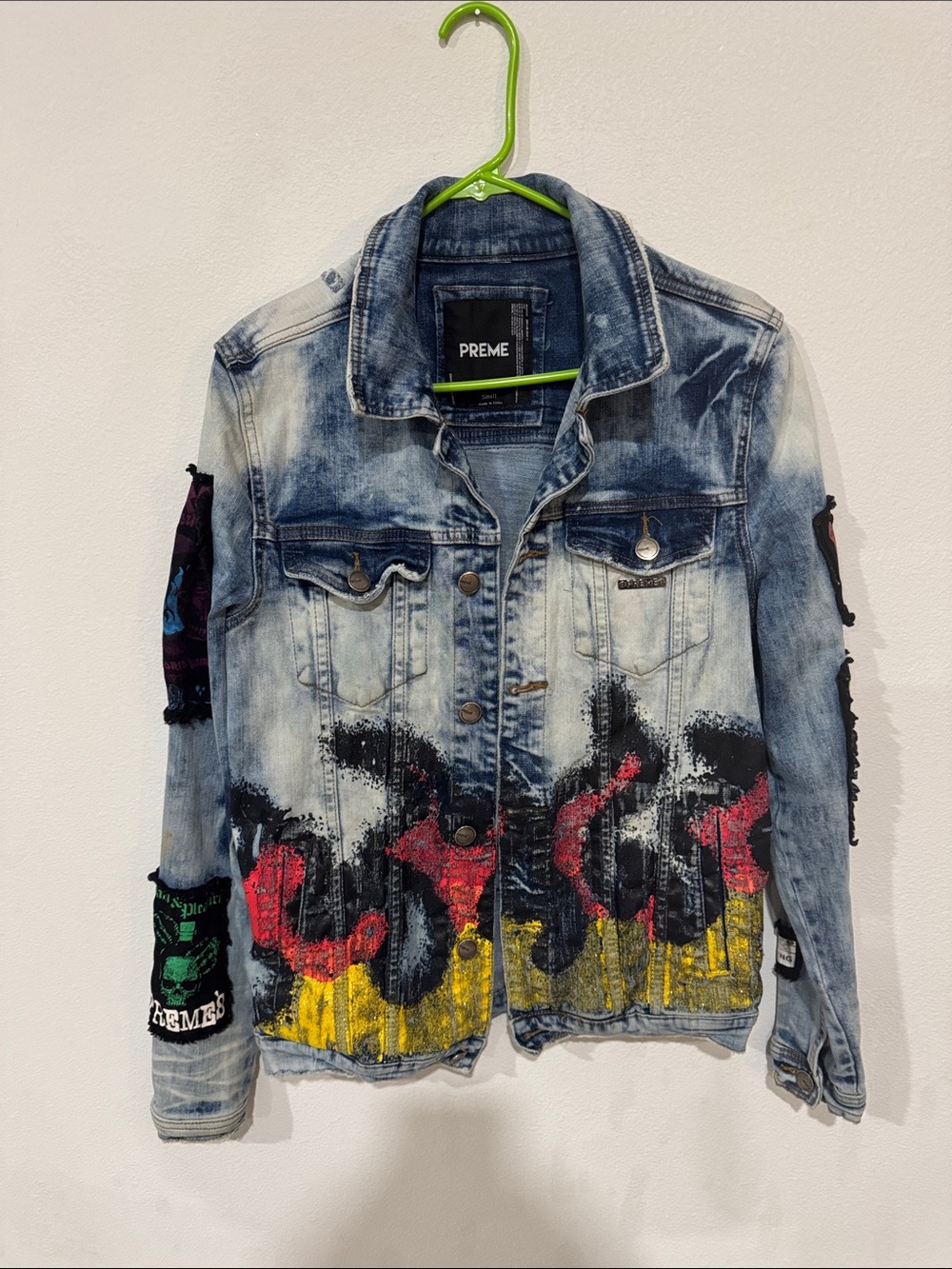 PREME Men's Distressed Denim Jacket in Blue with Multicolor Graffiti